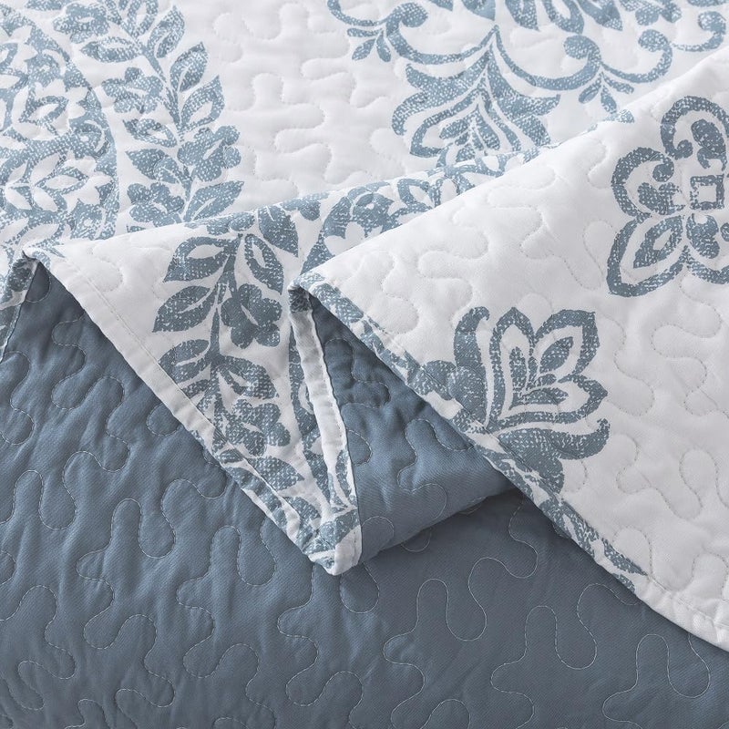 Travan 3-Piece Quilt Set Quilted Bedspread Lightweight Coverlet Set Floral Printed Oversized Quilted Bedding Set with Shams for All Season, Blue Floral, Queen Size - Image 4